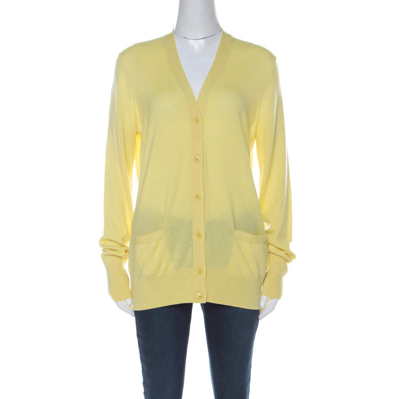 Pre Owned Loro Piana Yellow Cashmere Buttoned Cardigan L