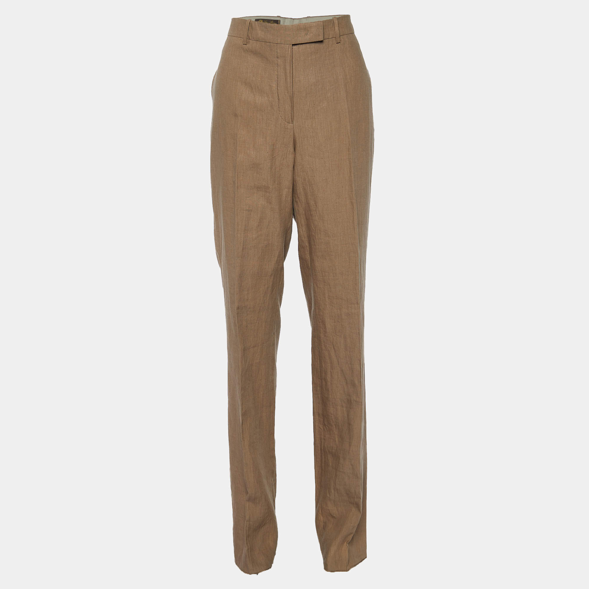 Pre Owned Loro Piana Brown Linen Straight Fit Trousers L