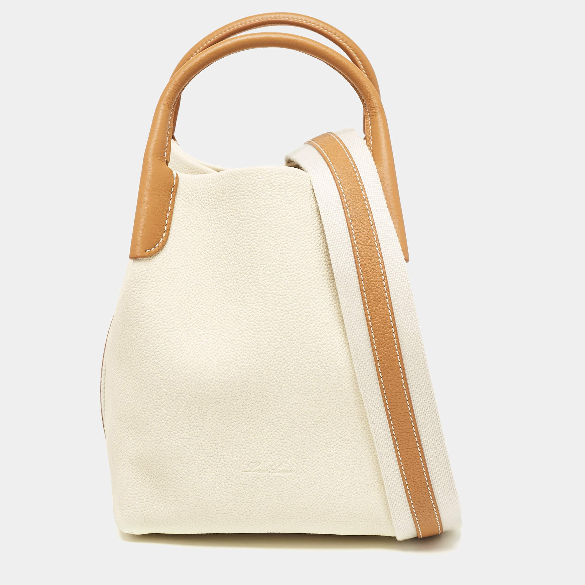 Loro Piana Off White/Brown Leather Small Bale Bucket Bag