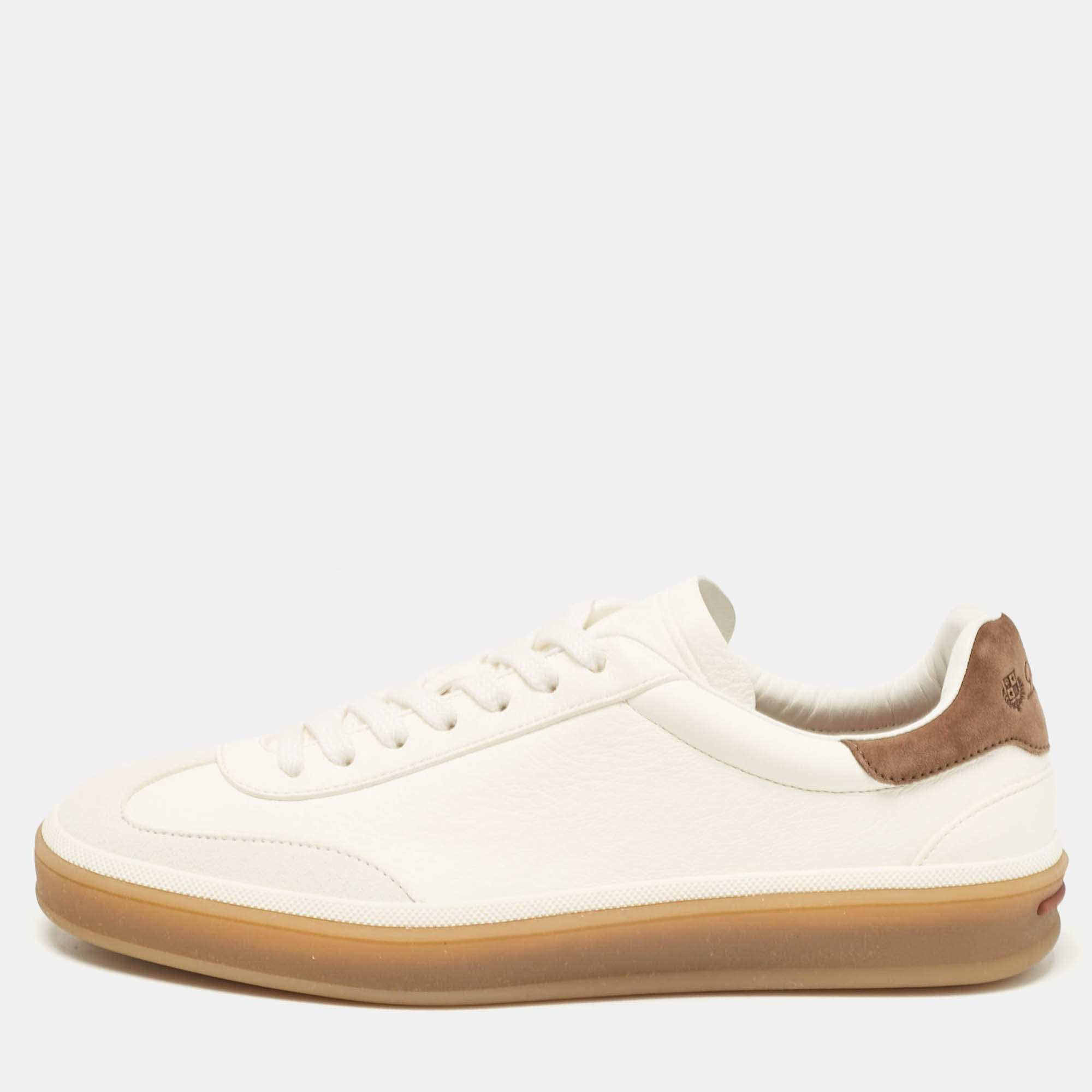 Pre Owned Loro Piana White Leather and Nubuck Leather Tennis Walk Sneakers Size 37.5