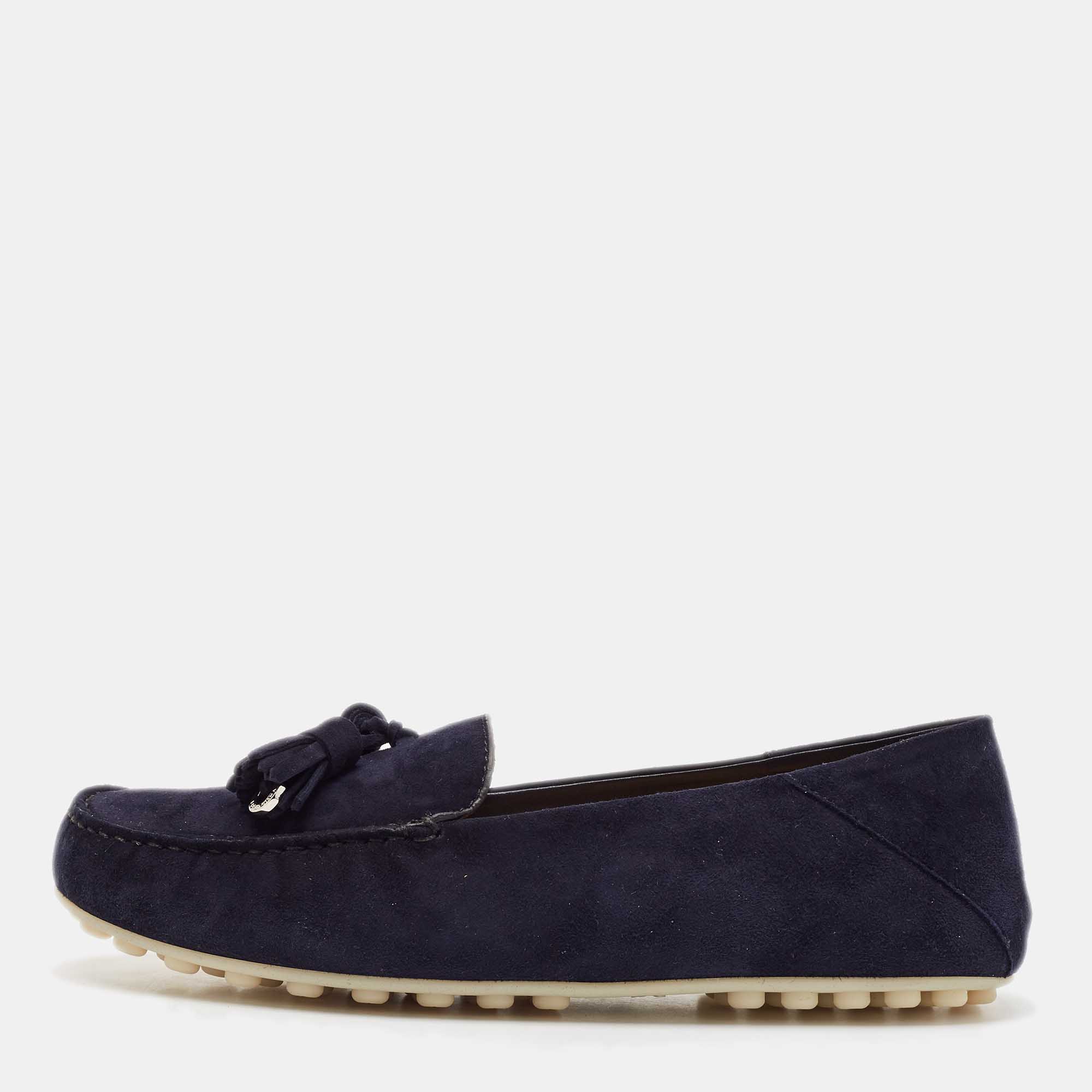 Pre Owned Loro Piana Navy Blue Suede Dot Sole Walk Loafers Size 37.5