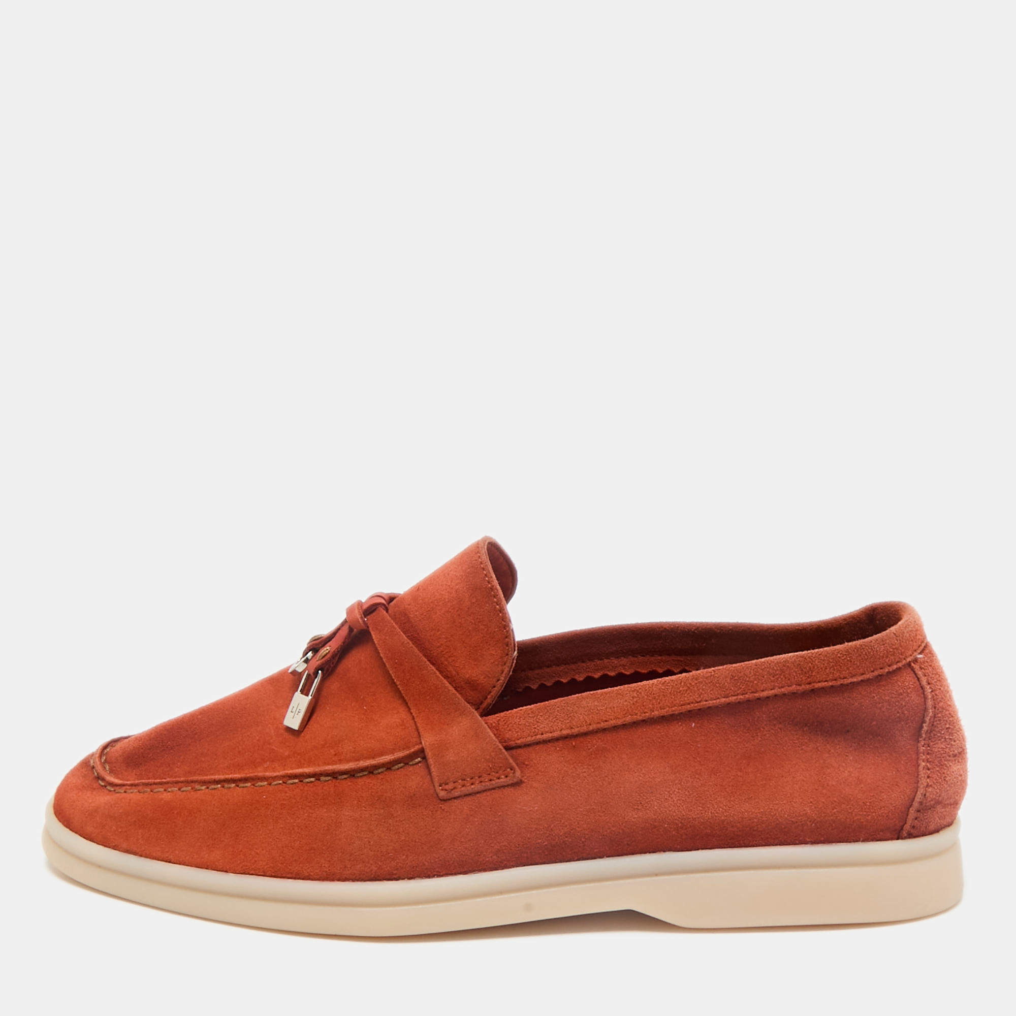 Pre Owned Loro Piana Orange Suede Summer Charms Walk Loafers Size 37.5
