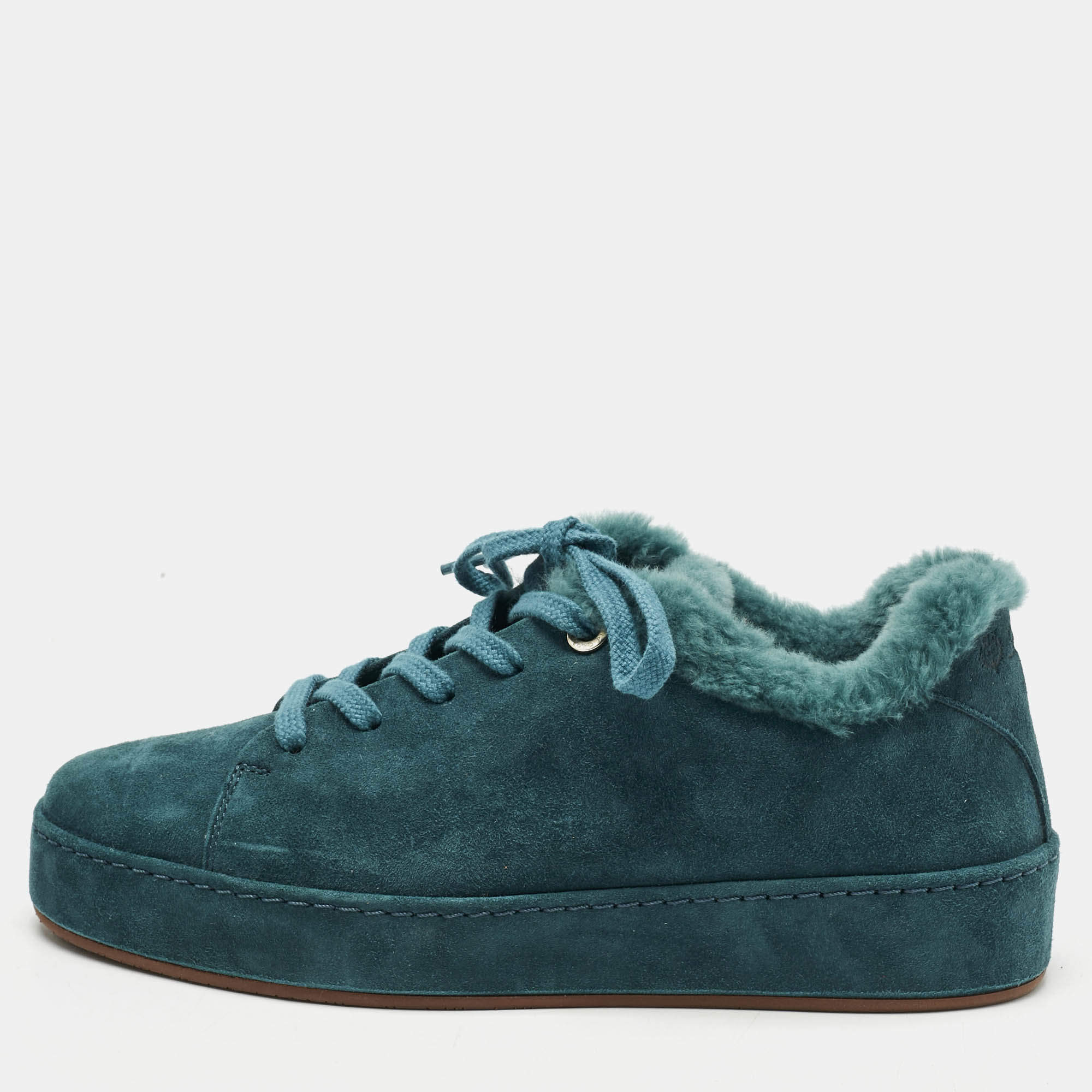 Pre Owned Loro Piana Teal Green Suede and Fur Winter Nuages Sneakers Size 36