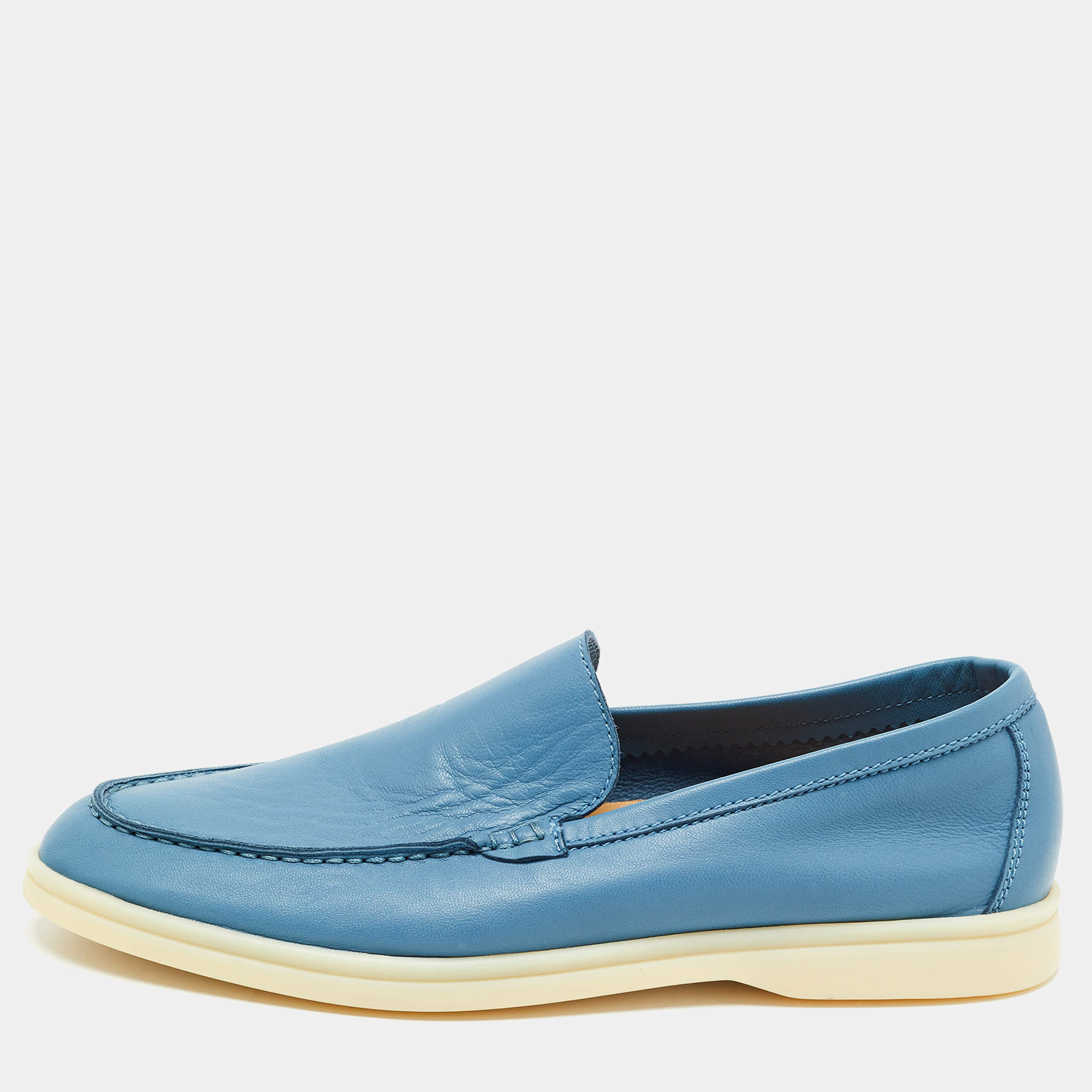 Loro Piana Blue Leather Summer Walk Loafers Size 38.5 Loro