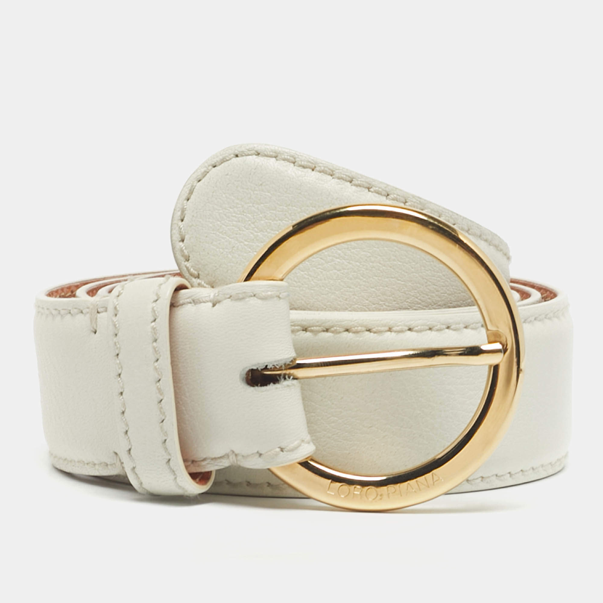 Pre Owned Loro Piana White Leather Ring Buckle Belt 100CM