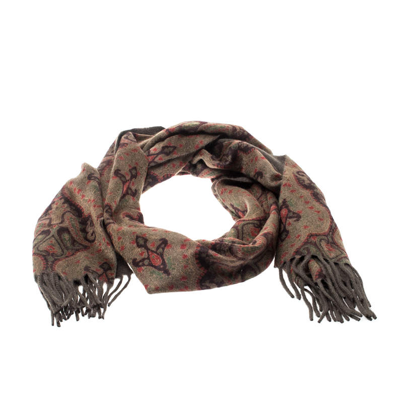 Pre Owned Loro Piana Green Paisley Print Cashmere Fringed Muffler