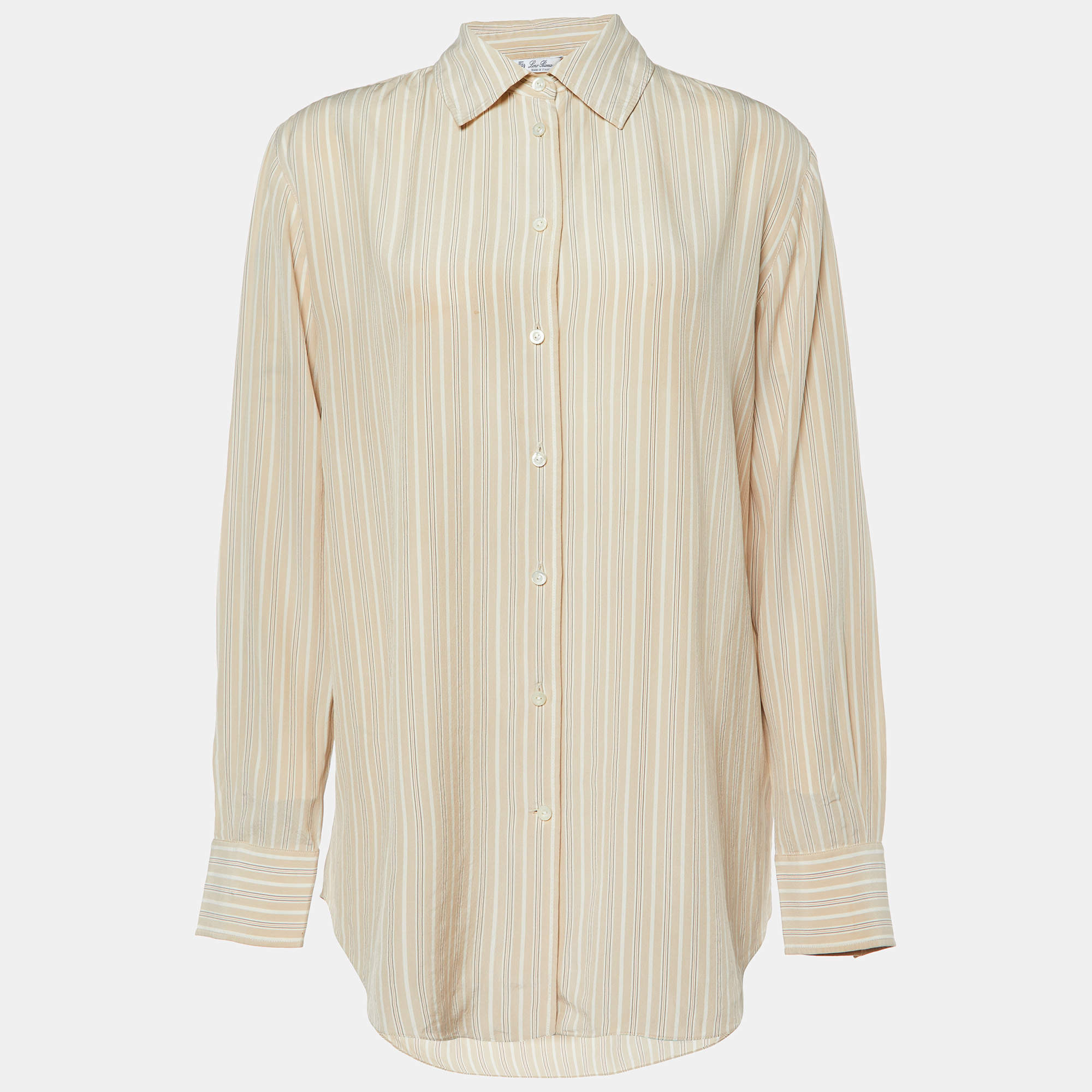 Pre Owned Loro Piana Beige Stripe Print Silk Buttoned-Up Shirt M