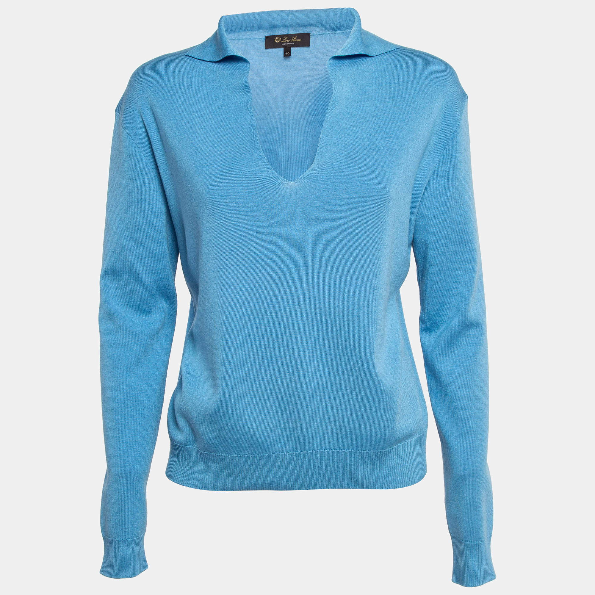 Loro Piana Blue Rib Knit Sorbonne Polo T-Shirt S