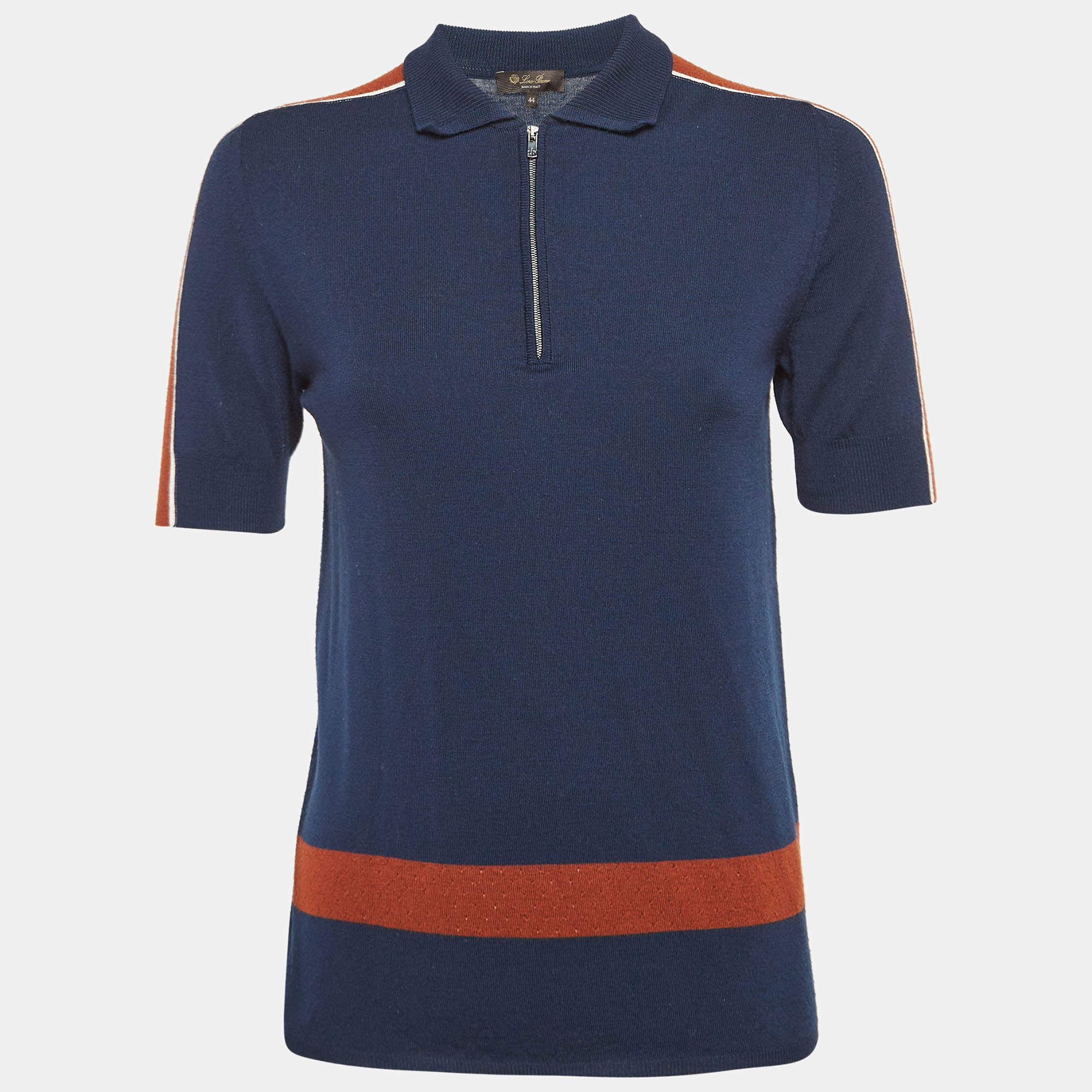 Pre Owned Loro Piana Navy Blue Striped Wool Knit Zip Up Polo Sweater M