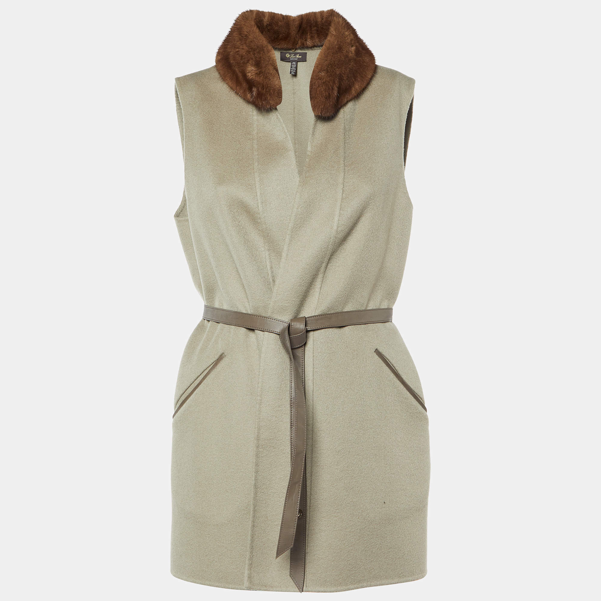 Pre Owned Loro Piana Beige Cashmere Front Open Detachable Fur Collar Coat L