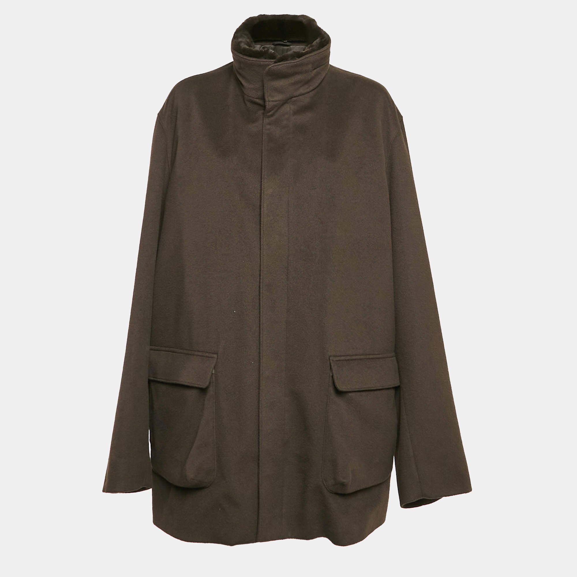 Pre Owned Loro Piana Brown Viscuna Wool Detachable Mink Fur Collar Coat XXXL