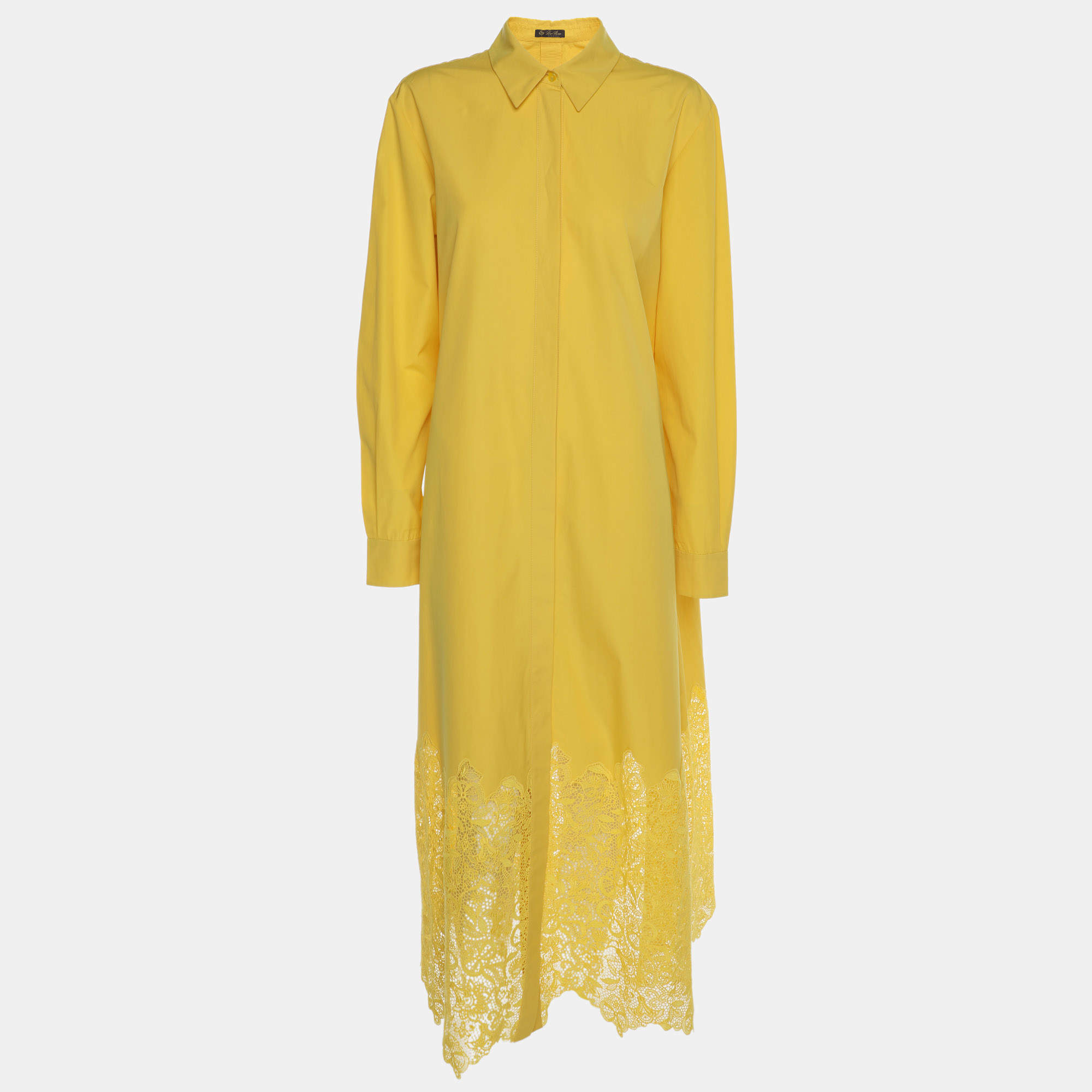 Pre Owned Loro Piana Yellow Cotton Macramé Lace-Trimmed Midi Dress M