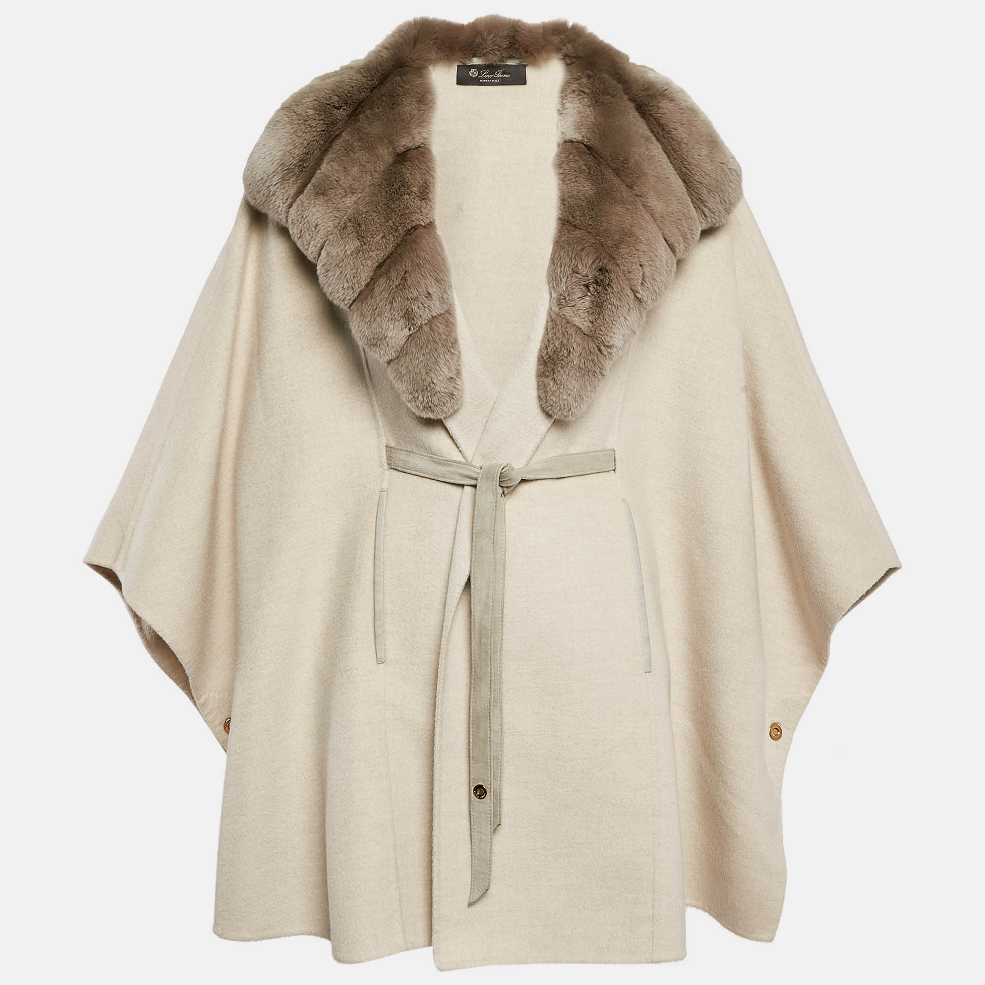 Pre Owned Loro Piana Beige Fur Trim Cashmere Salzburg Cape M