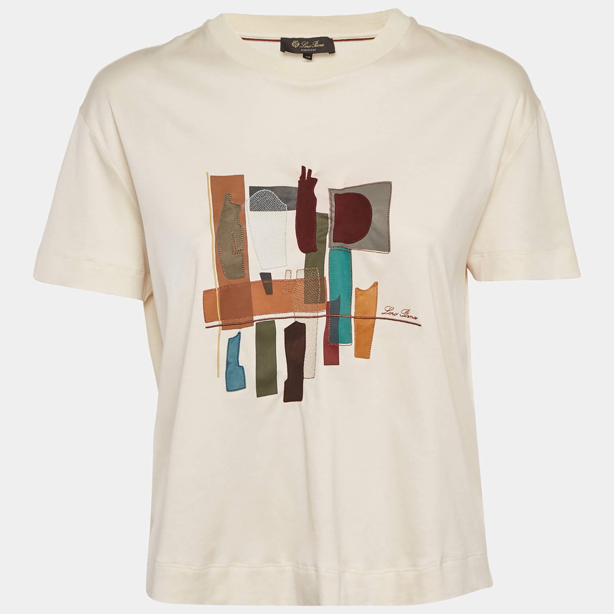 Pre Owned Loro Piana Cream Cotton Applique Work Detail T-Shirt M