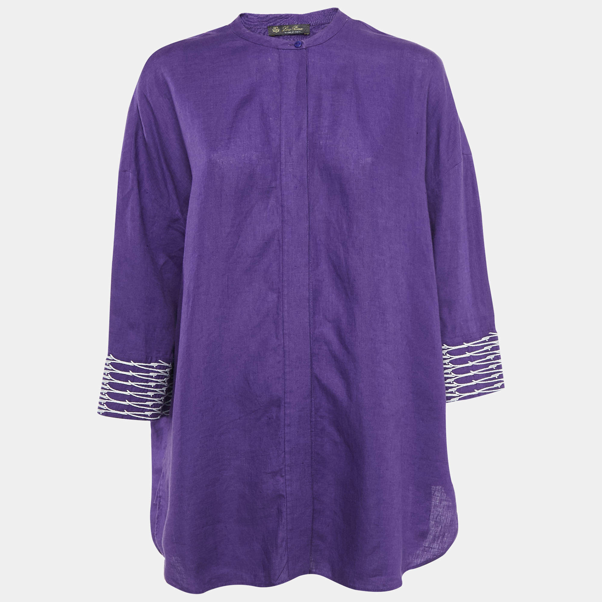 Pre Owned Loro Piana Purple Embroidered Linen Button Front Blouse L