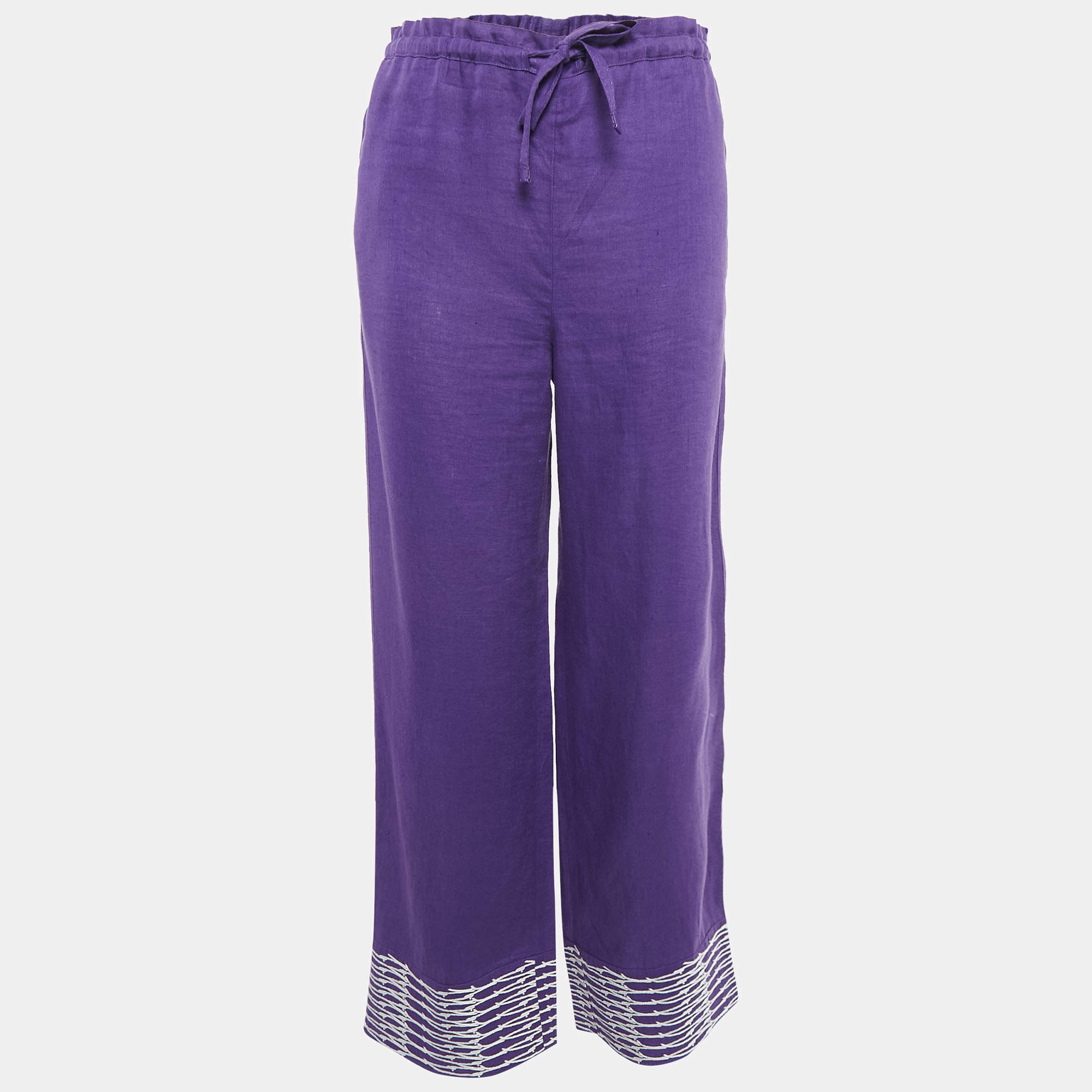Pre Owned Loro Piana Purple Embroidered Linen Straight Leg Pants S