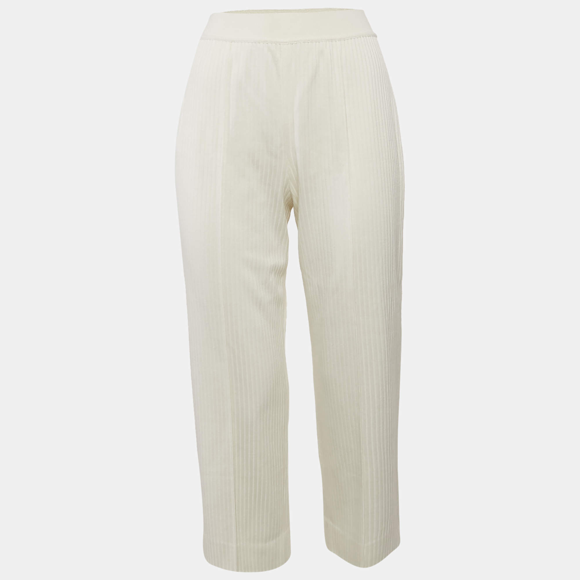 Pre Owned Loro Piana Off-White Silk Blend Rib Knit Trousers S