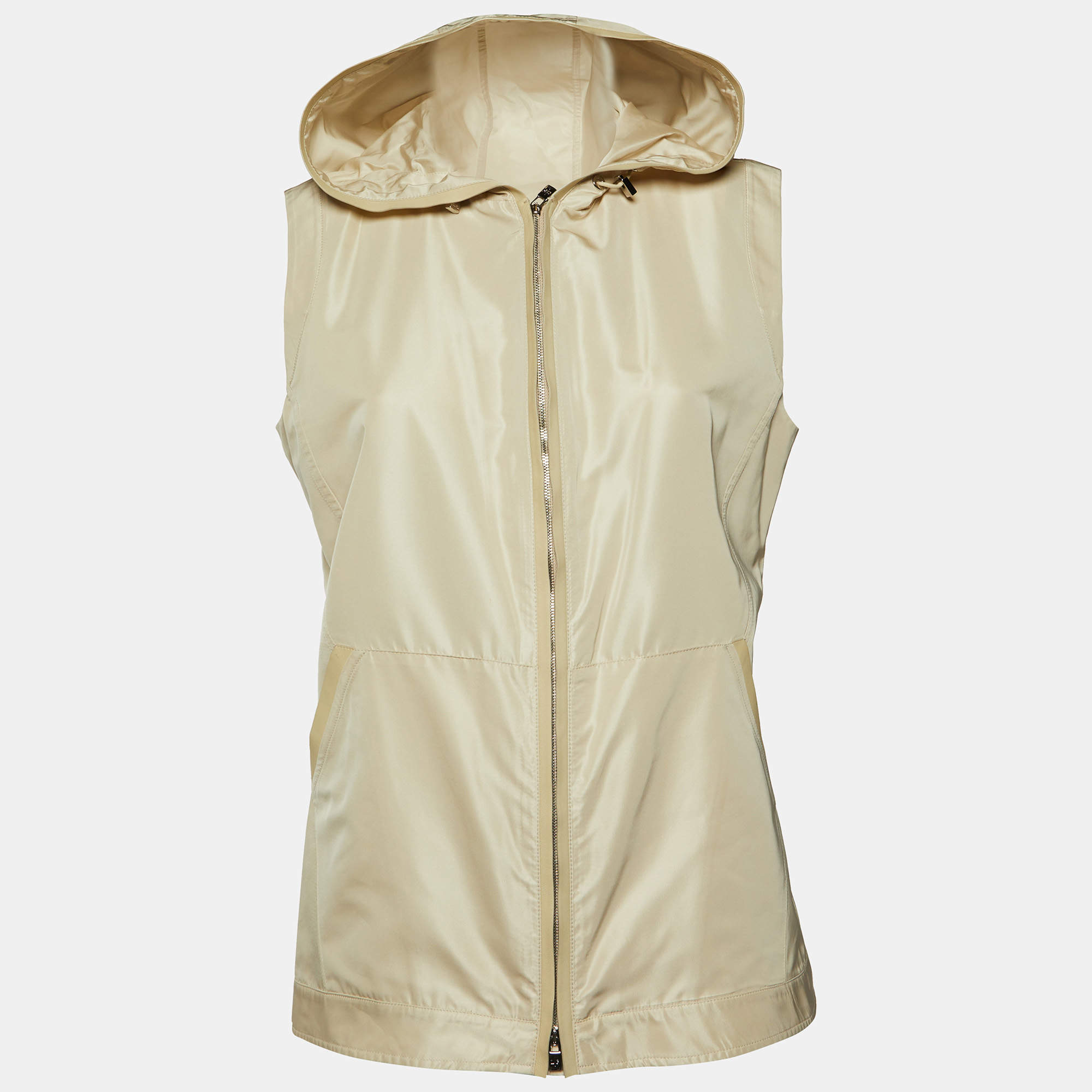 Loro Piana Light Beige Silk Blend Leather Trim Detail Zip-Up Hooded Vest L