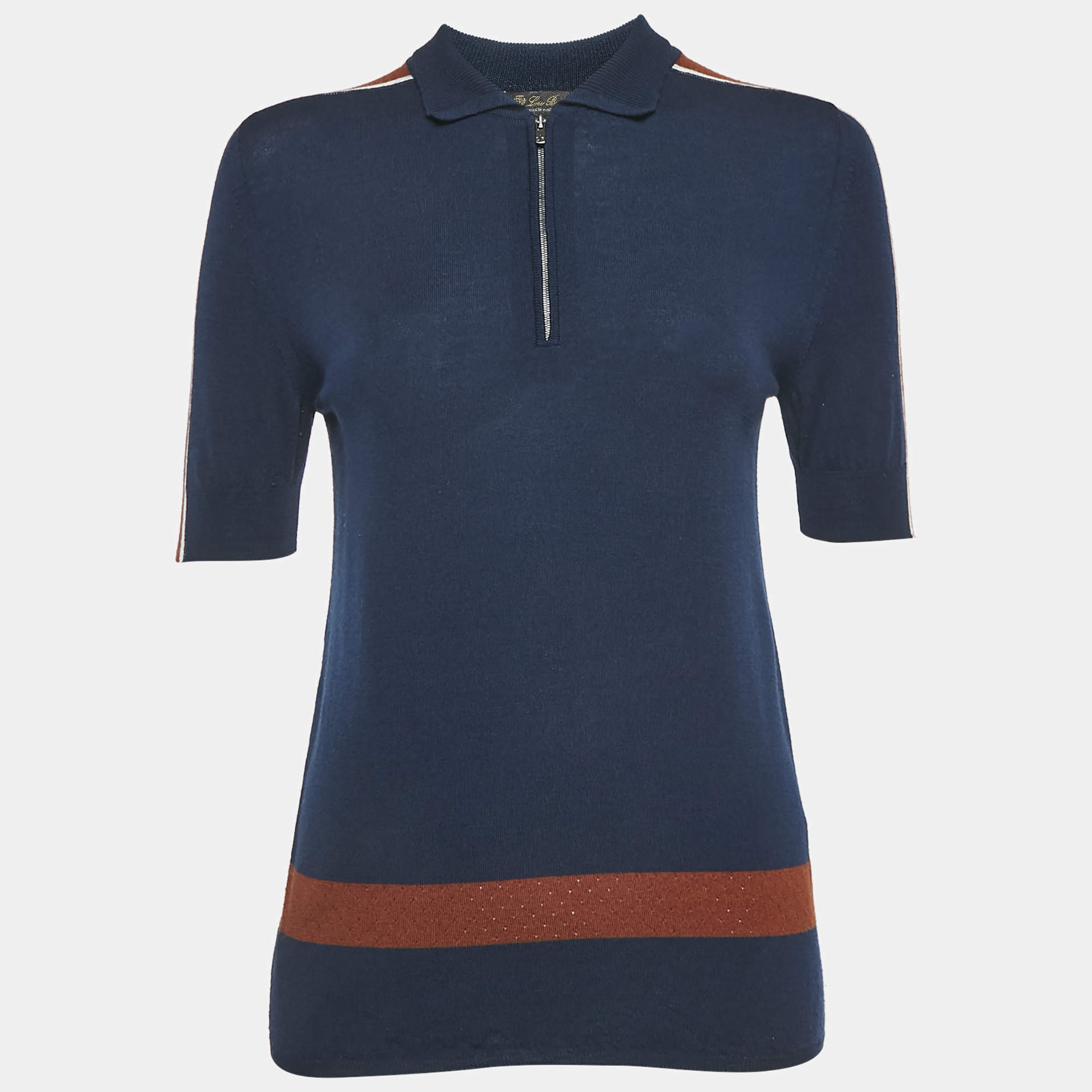 Loro Piana Navy Blue Wool Knit Zip-Up T-Shirt M