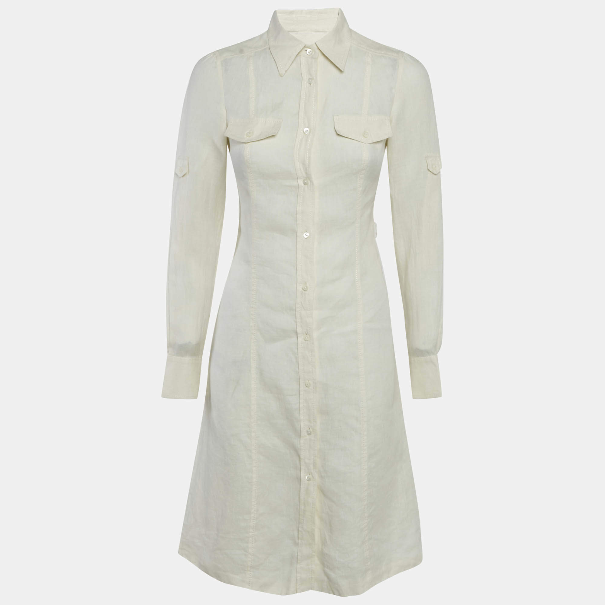 Pre Owned Loro Piana Cream Linen Button Front Knee-Length Dress S