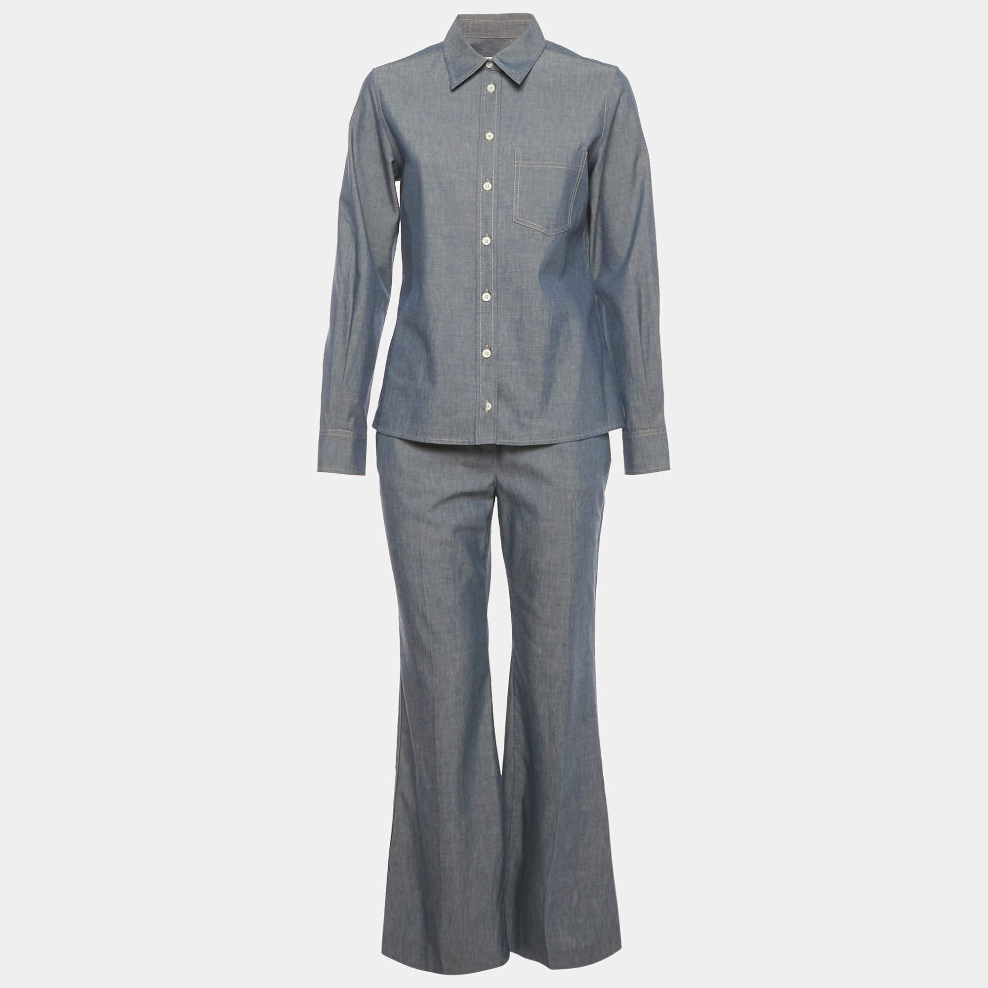 Pre Owned Loro Piana Blue Cotton and Cashmere Shirt and Pants Suit S