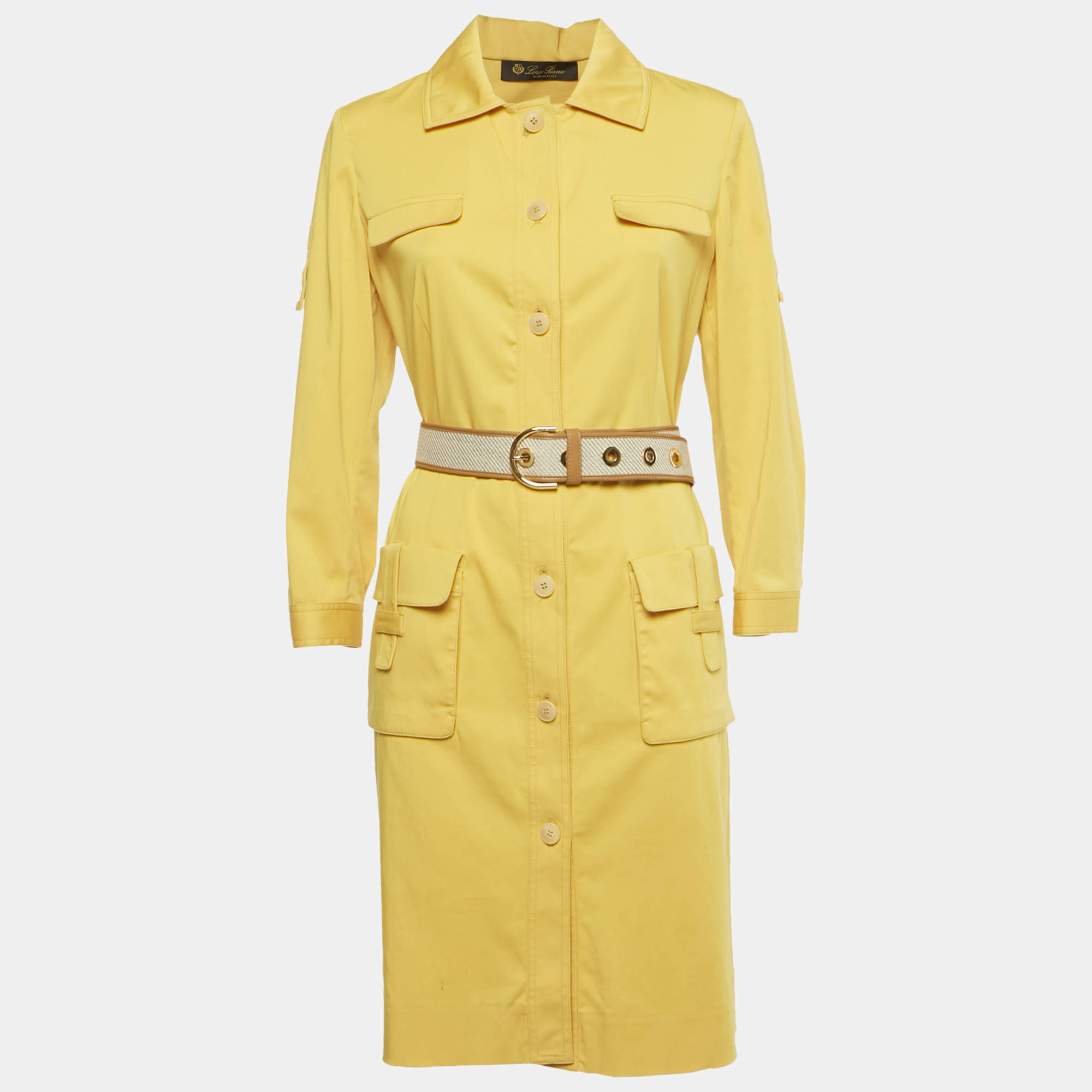 Pre Owned Loro Piana Yellow Cotton Button Front Belted Coat Dress M