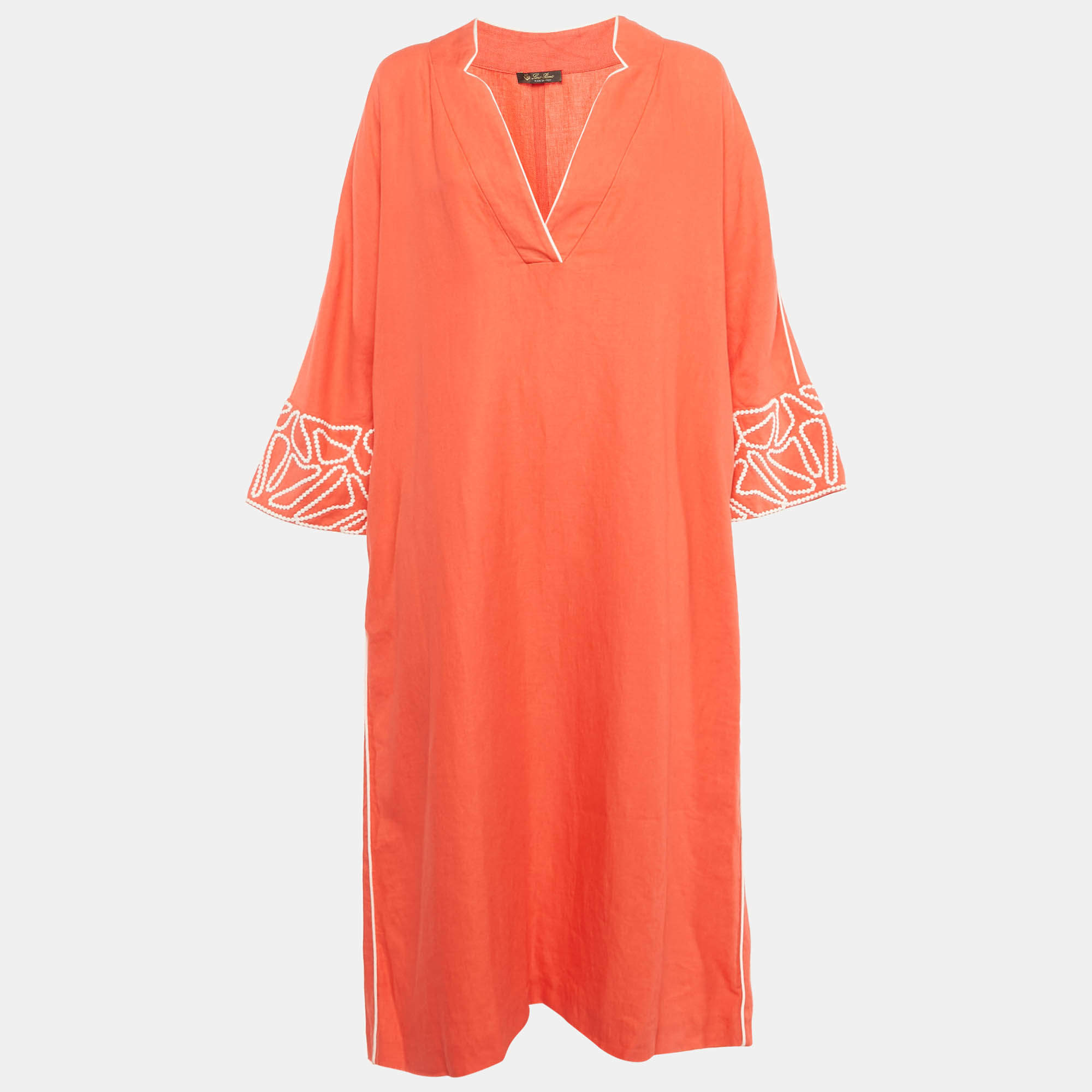 Pre Owned Loro Piana Coral Embroidered Sleeve Linen Midi Dress L  