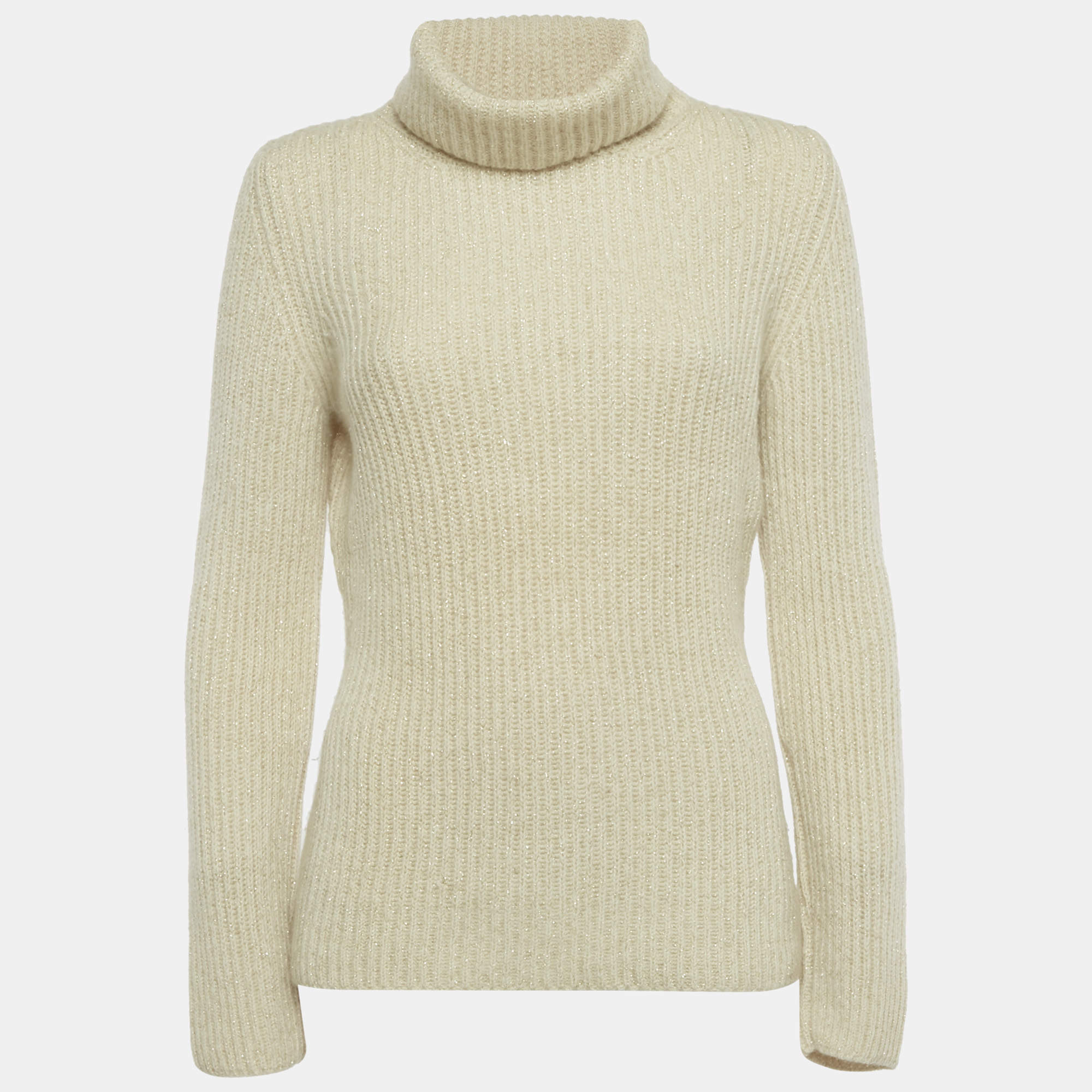 مملوكة مسبقًا Loro Piana Beige Lurex Knit Cashmere Turtle Neck Sweater L 