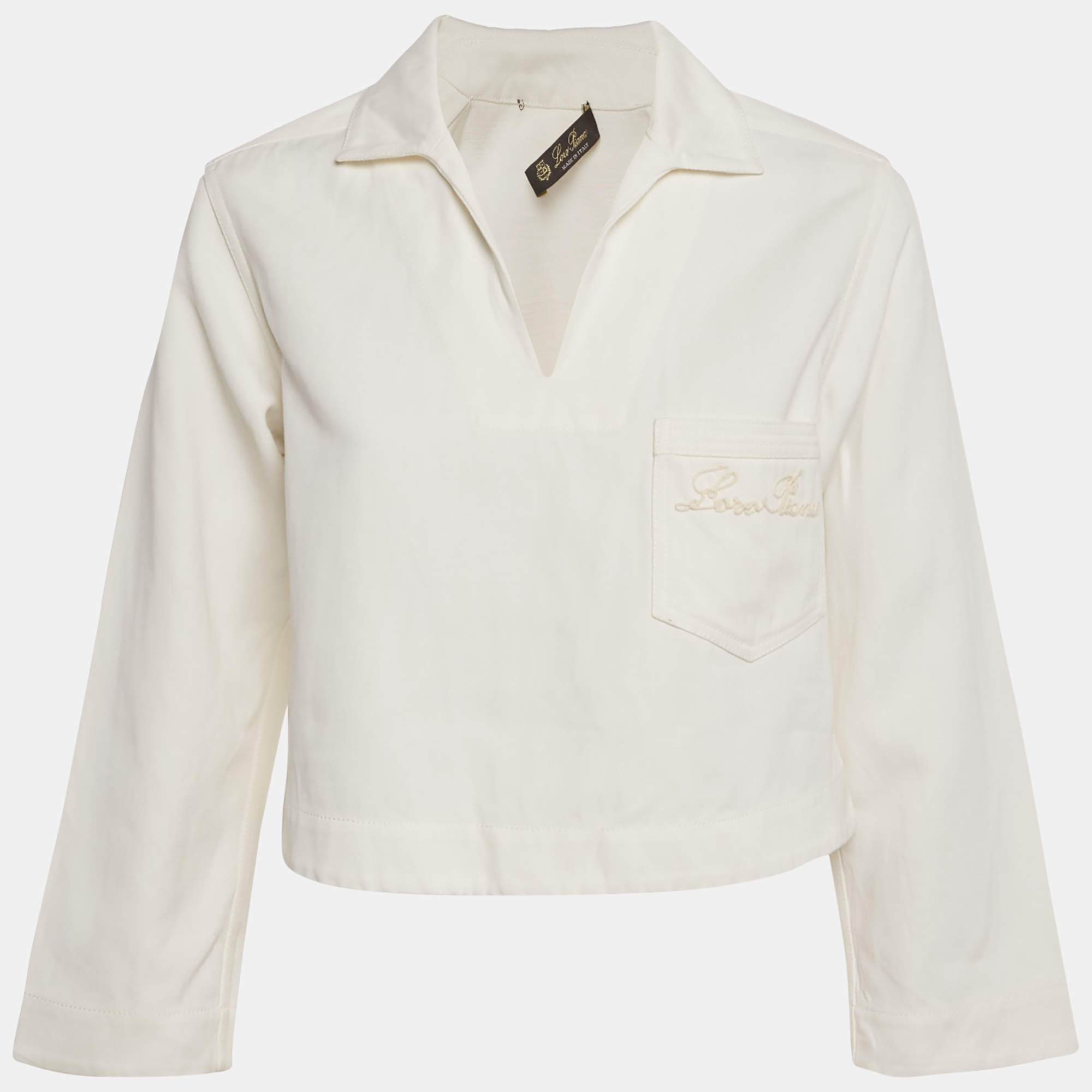 Pre Owned Loro Piana White Logo Embroidered Pocket Top S