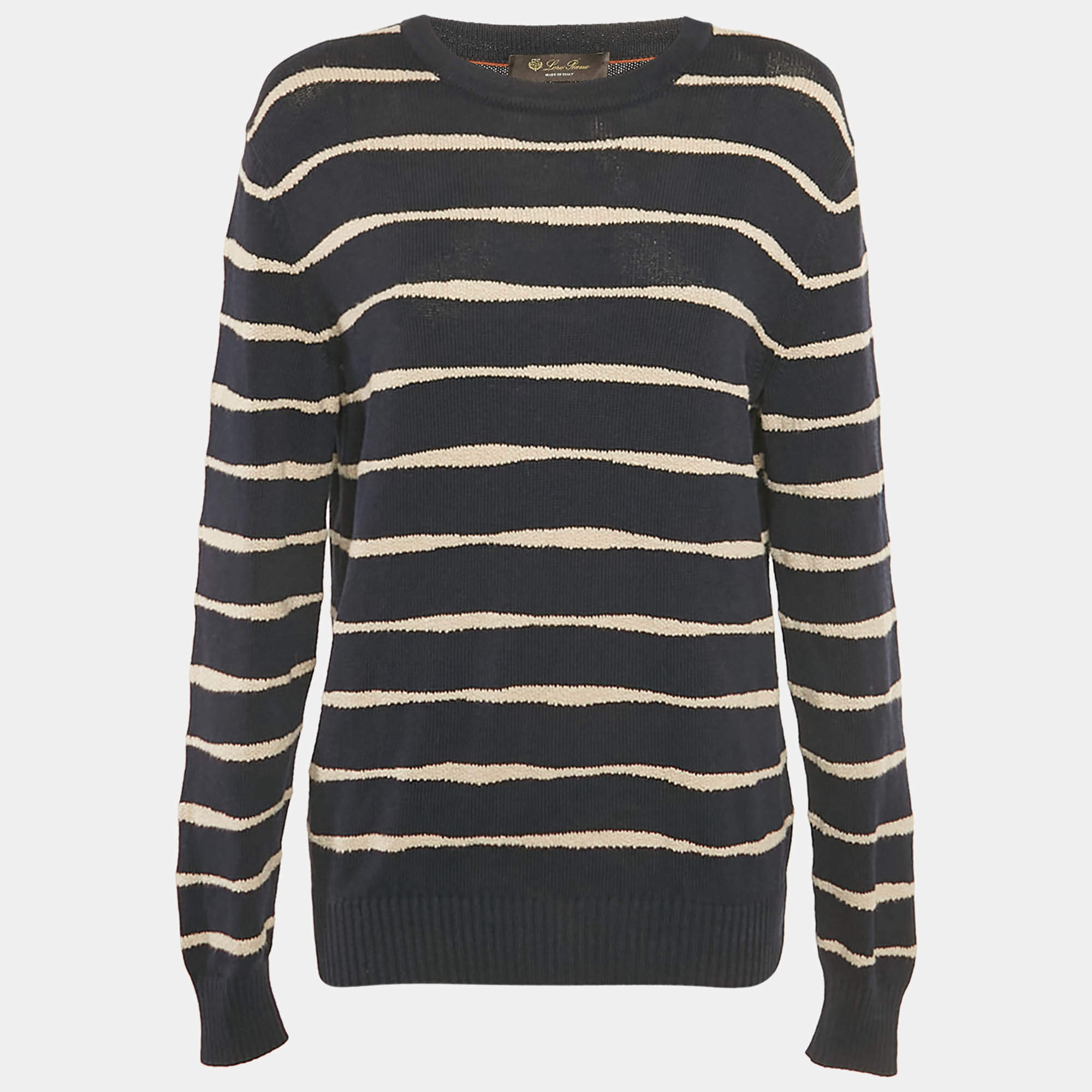 Pre Owned Loro Piana Navy Blue Striped Cotton Knit Crewneck Sweater L