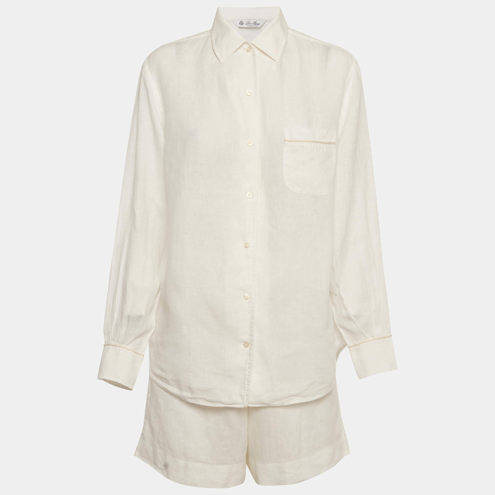 Pre Owned طقم لورو بيانا قميص وشورت كتان أبيض متوسط/كبير