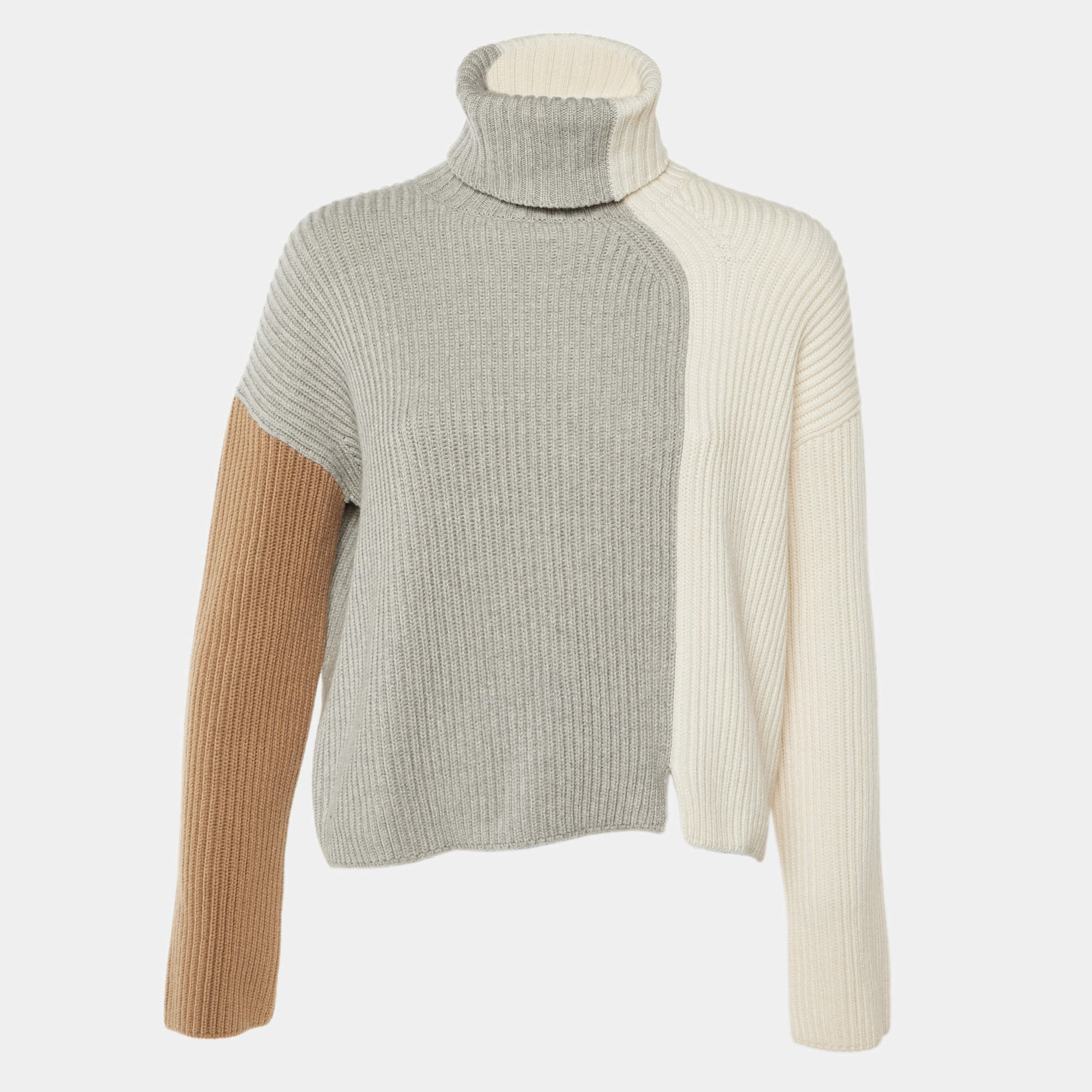 Pre Owned Loro Piana Cream Color Block Turtleneck Sweater S