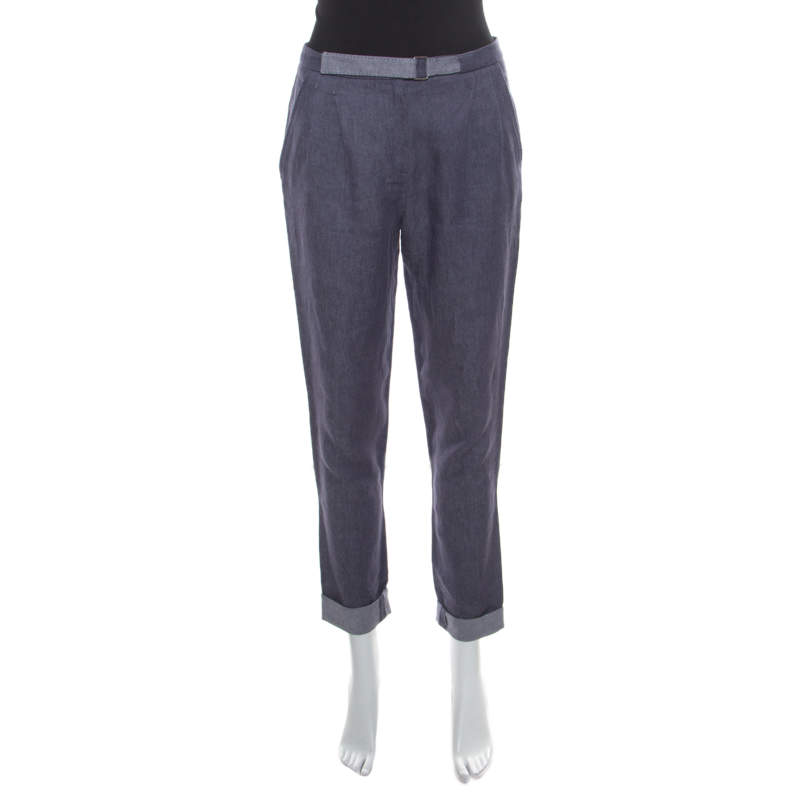 Pre Owned Loro Piana Indigo Chambray Linen Pleat Front Tapered Pants S