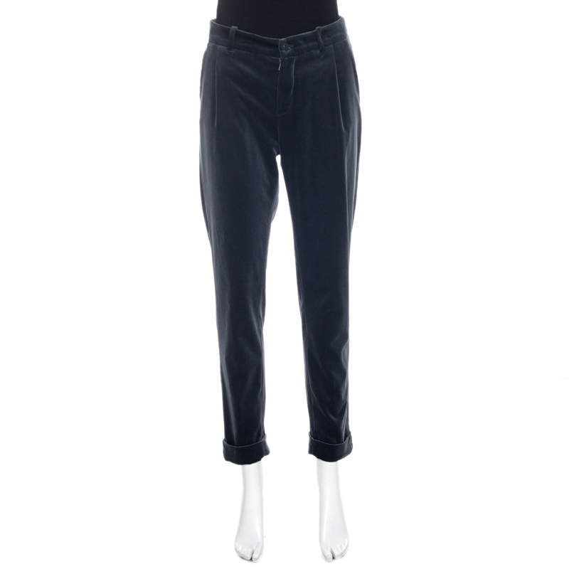 Pre Owned Loro Piana Grey Velvet Cuffed Hem Trousers M