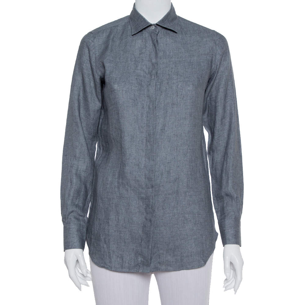 Pre Owned Loro Piana Grey Linen Button Front Shirt S