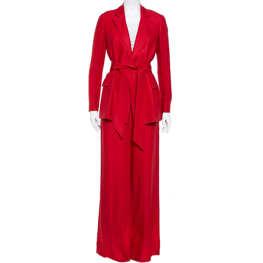 Pre Owned Loro Piana Red Linen Theo Antigua Belted Pantsuit S