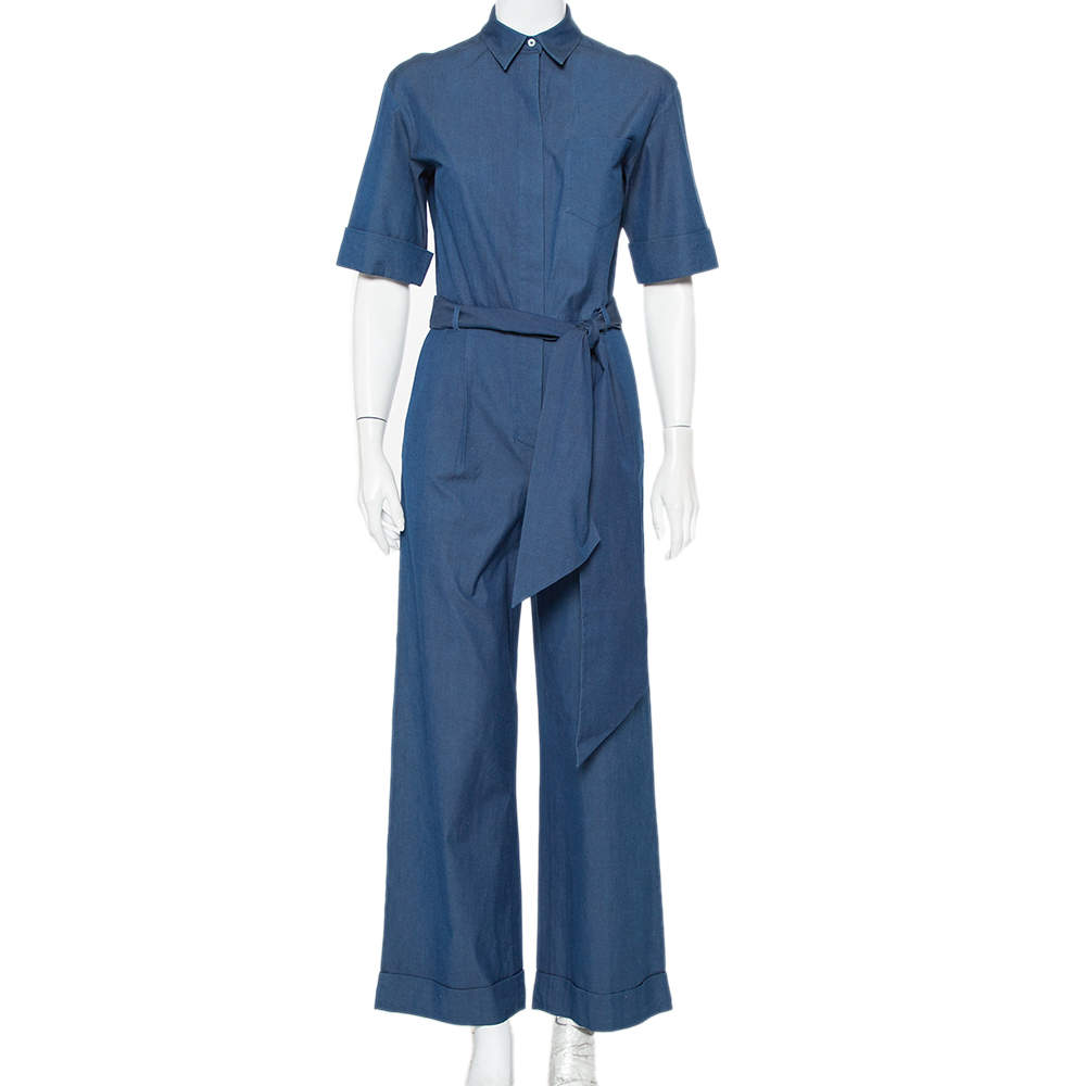 Pre Owned Loro Piana Blue Lightweight Denim Wide Leg Belted Jumpsuit S