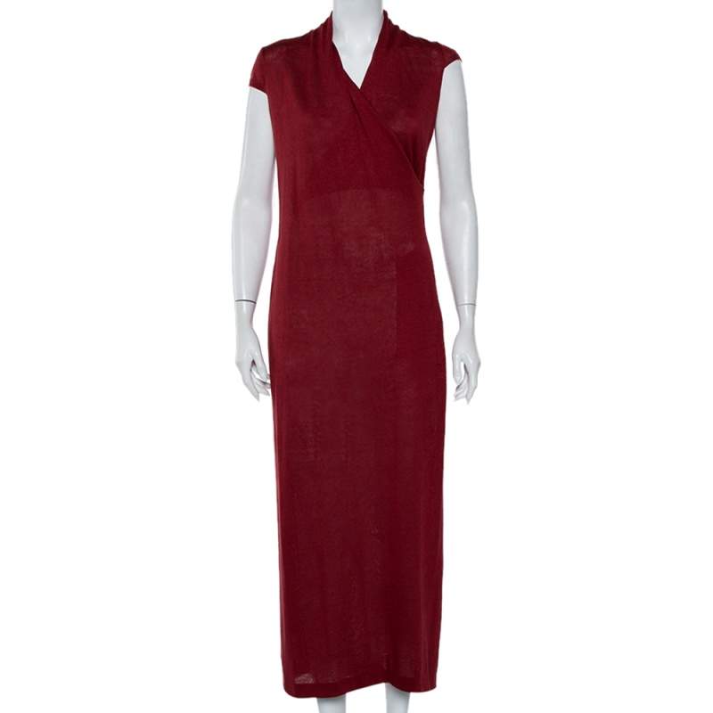 Pre Owned Loro Piana Burgundy Linen and Silk Draped Cap Sleeve Maxi Dress S
