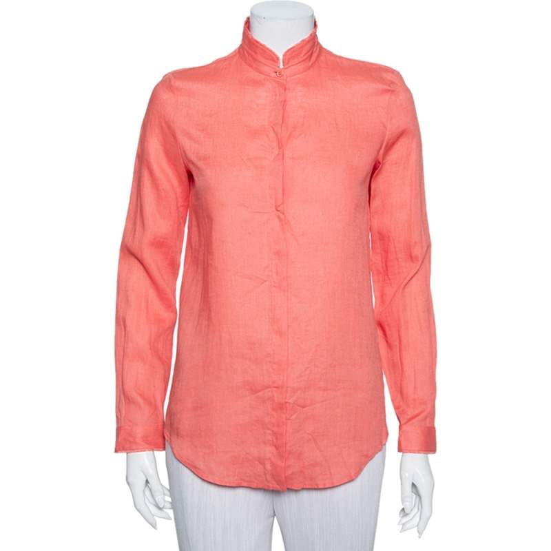 Pre Owned Loro Piana Pink Linen Raw Edge Detail Button Front Shirt S