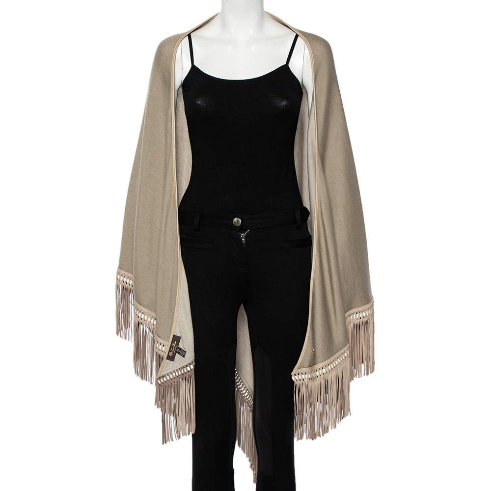 Pre Owned Loro Piana Beige Cashmere Leather Fringe Detail Flamenco Poncho (One Size)
