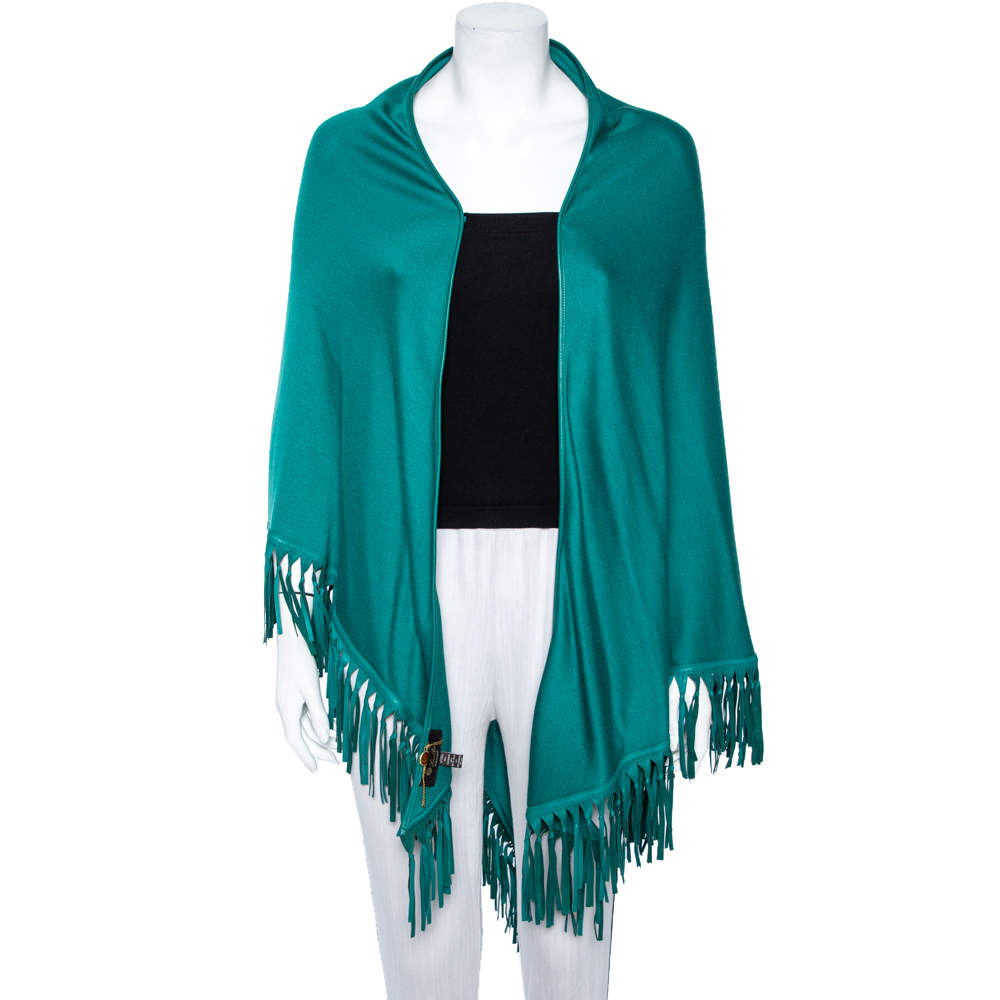 Pre Owned Loro Piana Green Cashmere Leather Fringe Detail Flamenco Poncho (One Size)