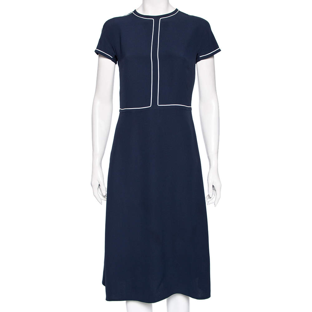 Pre Owned Loro Piana Navy Blue & White Trimmed Silk Midi Dress M