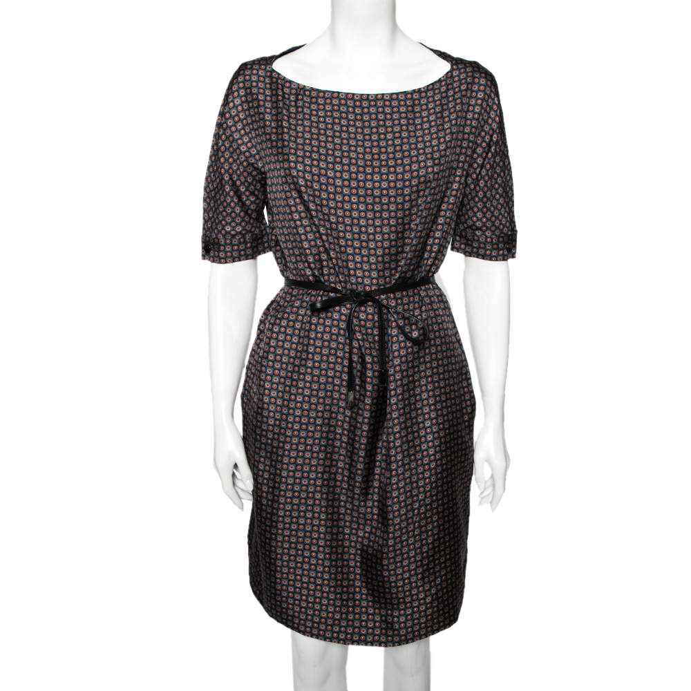 Pre Owned Loro Piana Blue Geometric Print Silk Belted Dress M