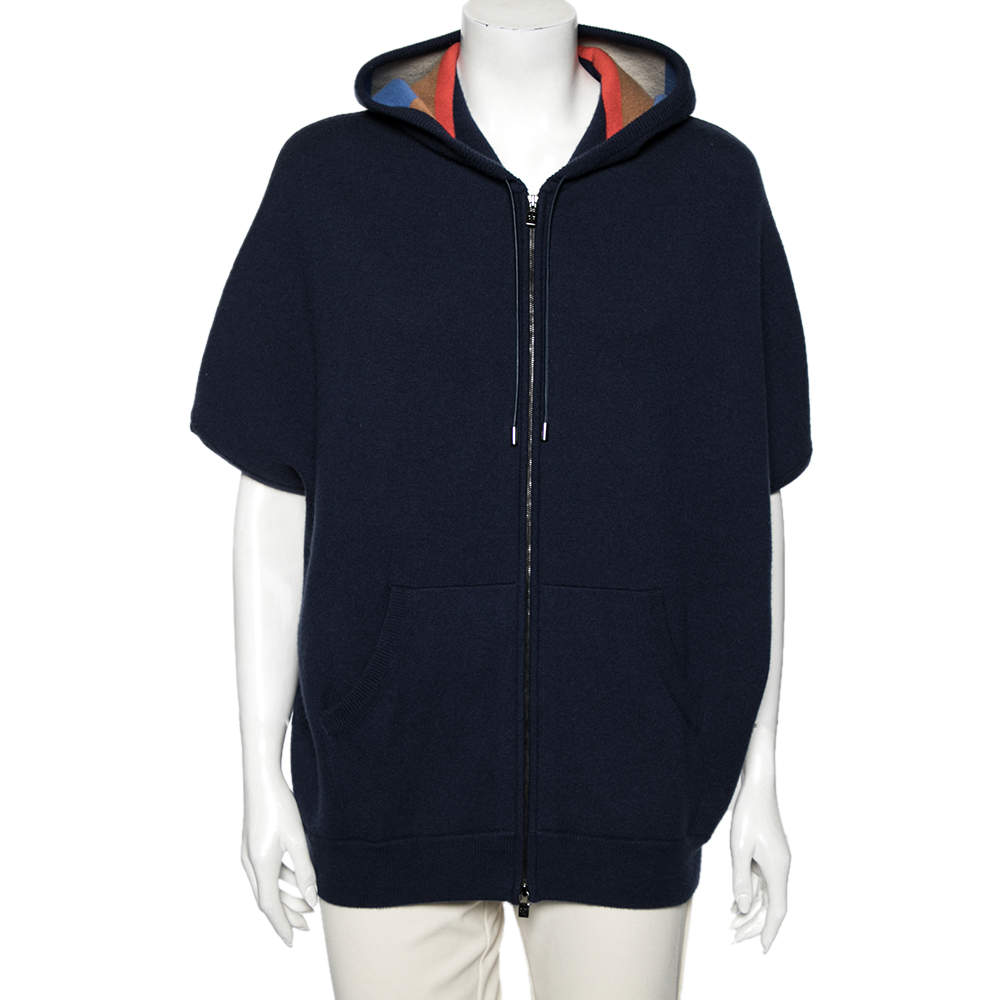 Pre Owned Loro Piana Navy Blue Cashmere Zip Front Hoodie L