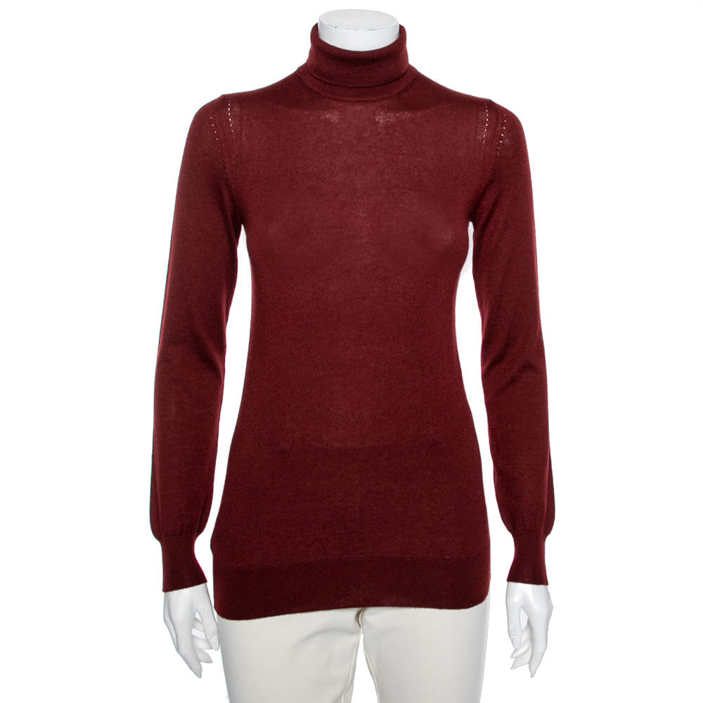 Pre Owned Loro Piana Maroon Cashmere Long Sleeve Turtle Neck Sweater M