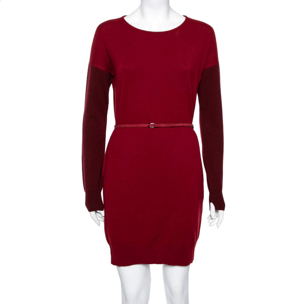 Pre Owned Loro Piana Red Two Toned Cashmere & Suede Trimmed Belted Dress M