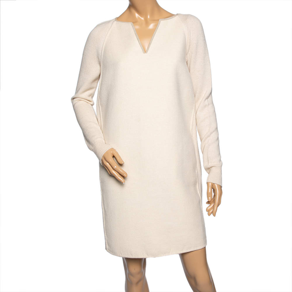 Pre Owned Loro Piana Cream Cashmere & Knit Paneled Long Sleeve Dress M