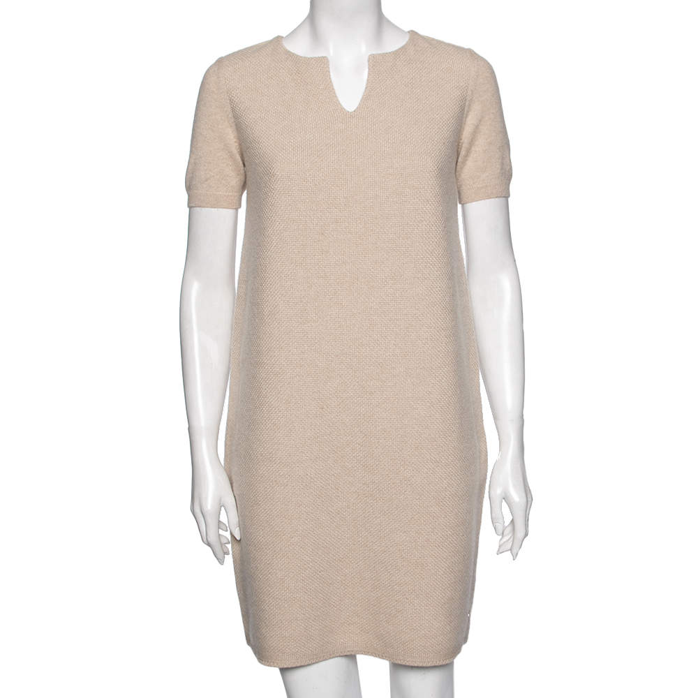 Pre Owned Loro Piana Cream Cashmere Knit & Suede Trim Detailed Short Sleeve Dress S