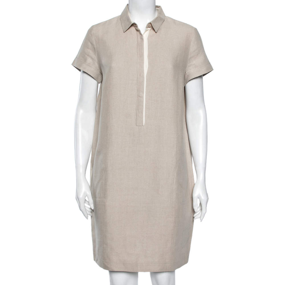 Pre Owned Loro Piana Beige Linen Button Front Short Sleeve  Dress M