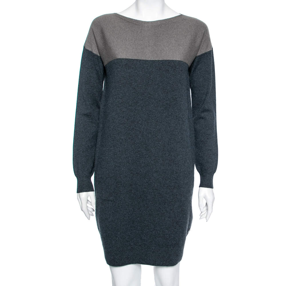 مملوكة مسبقًا فستان بكم طويل لورو بيانا كشمير قصات أزرق ورصاصي مقاس وسط ( ميديوم )